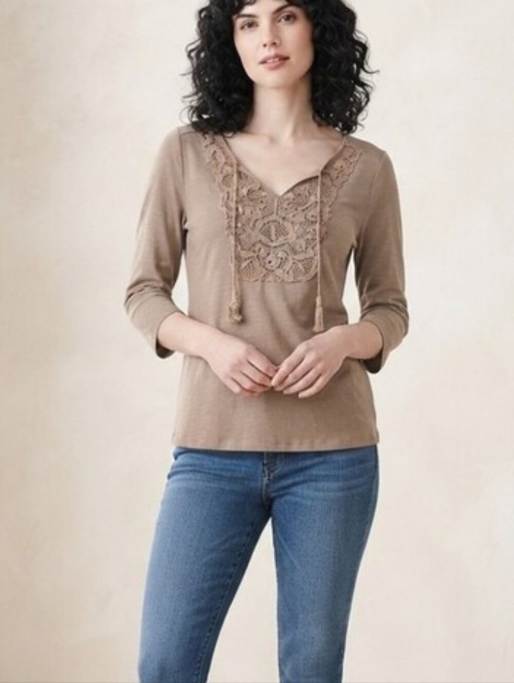 Sonoma Taupe Crochet V-Neck with Tassel Ties S